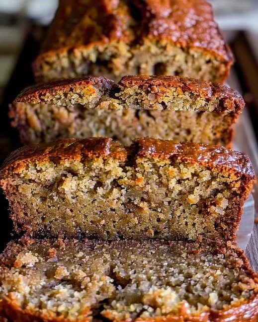Slice of perfectly moist banana bread on a wooden cutting board