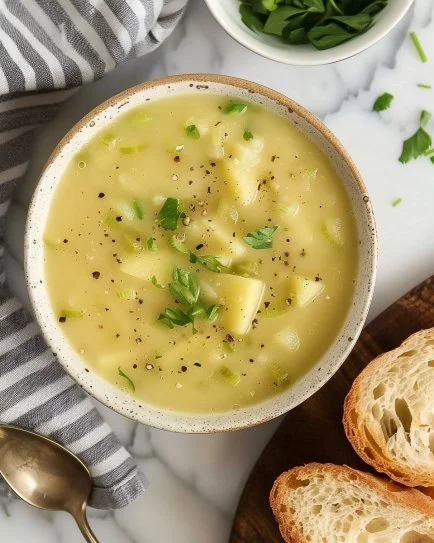 Bowl of creamy Potato Leek Soup garnished with fresh herbs.