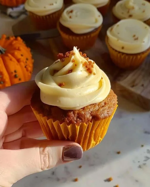Pumpkin cupcakes with brown sugar cream cheese frosting on a decorative stand.