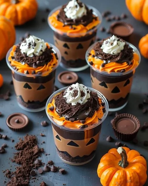 Pumpkin Patch Dirt Cups 2 Colorful Pumpkin Patch Dirt Cups with candy and chocolate