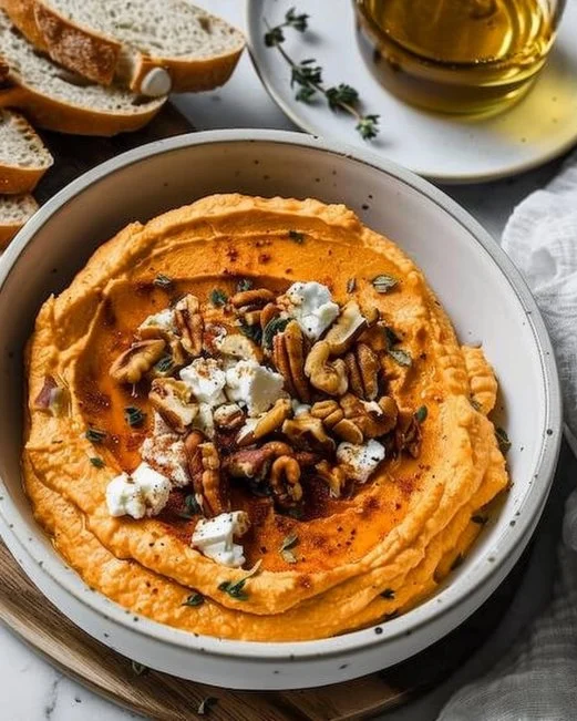 Bowl of creamy Pumpkin Whipped Feta Dip served with crackers and herbs
