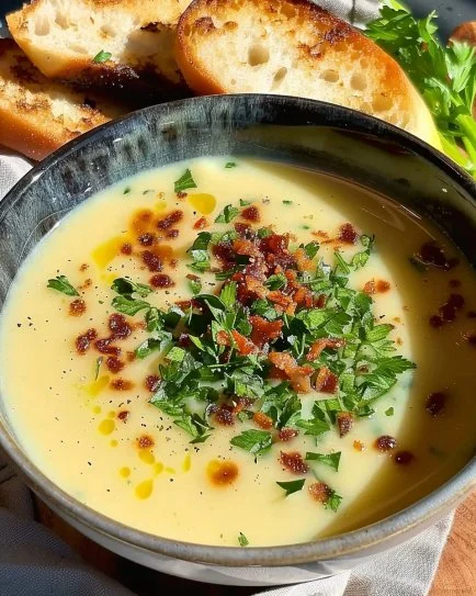 Bowl of creamy roasted garlic potato soup garnished with herbs
