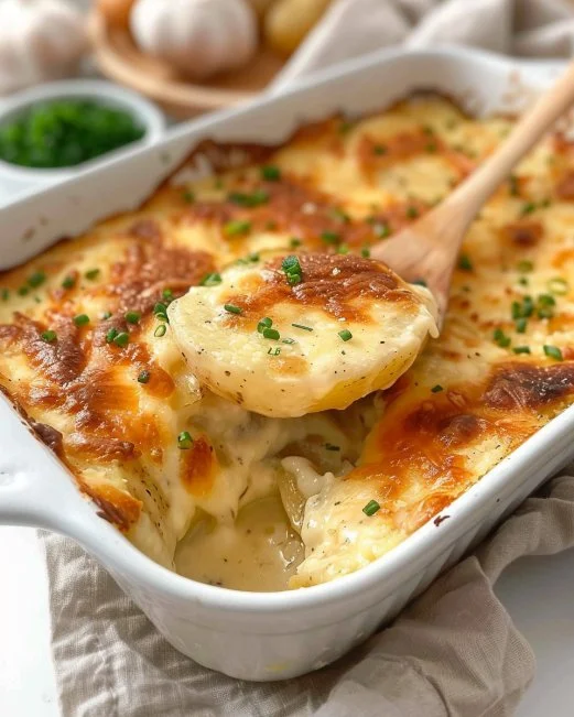 Roasted Garlic Potatoes in Cream Sauce 2 Roasted garlic potatoes in creamy sauce served on a plate