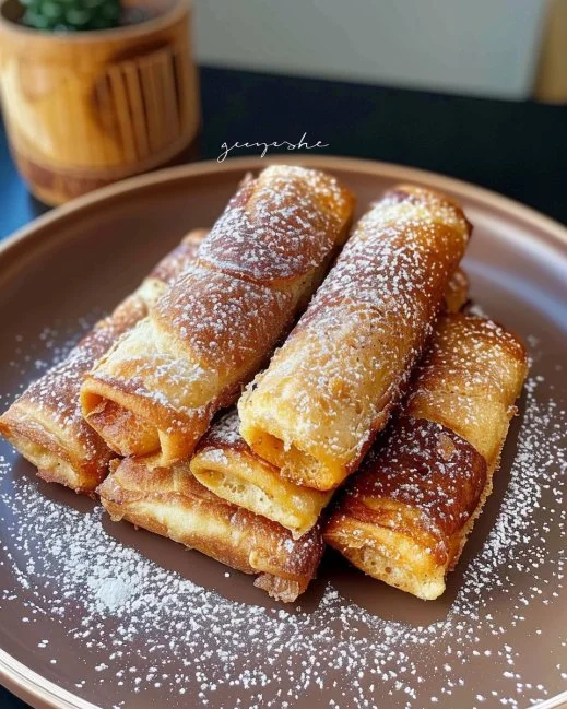 Rolled French Toasts 2 Delicious rolled French toasts filled with sweet ingredients and served on a plate.
