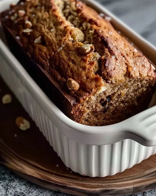 Delicious slice of Rustic Tuscan Banana Bread on a wooden table