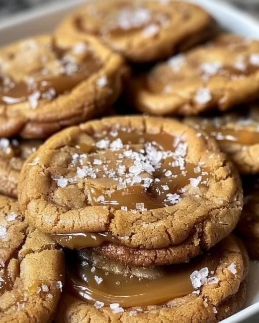 Salted Caramel Cookies 2 Freshly baked salted caramel cookies with drizzled caramel on top