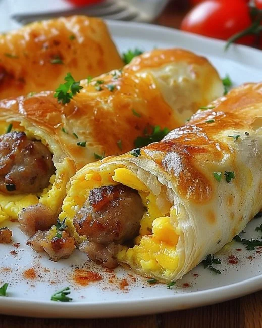 Sausage Egg Breakfast Roll-Ups 2 Sausage Egg Breakfast Roll-Ups served on a plate with garnish