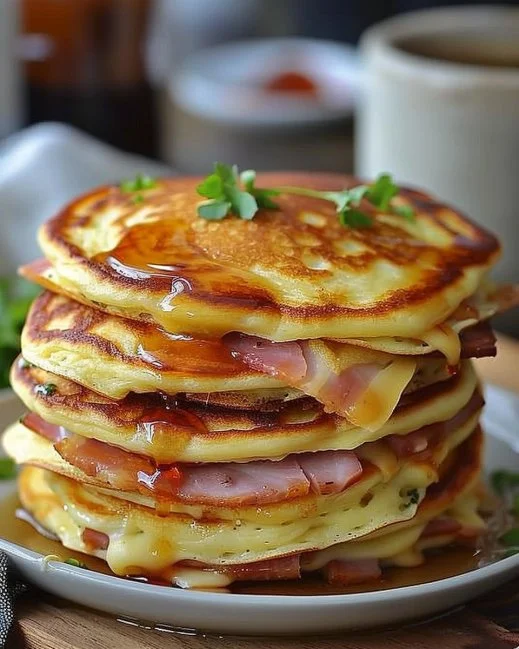 Savory Ham-Cheese Pancakes 2 Savory ham-cheese pancakes stacked on a plate, drizzled with sauce.