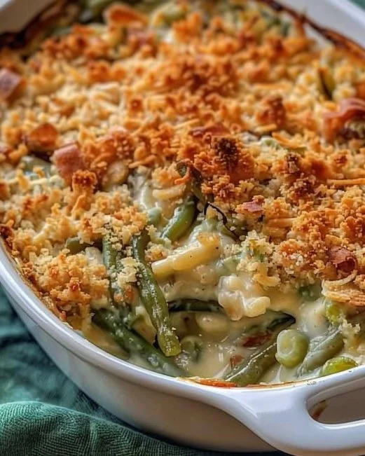 Southern-Style green bean casserole topped with crispy onions and creamy sauce.