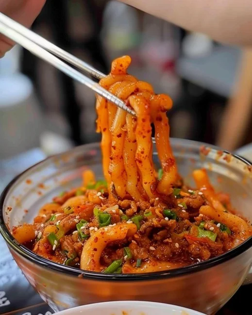 Spicy Potato Noodles 2 Bowl of spicy potato noodles garnished with herbs and spices