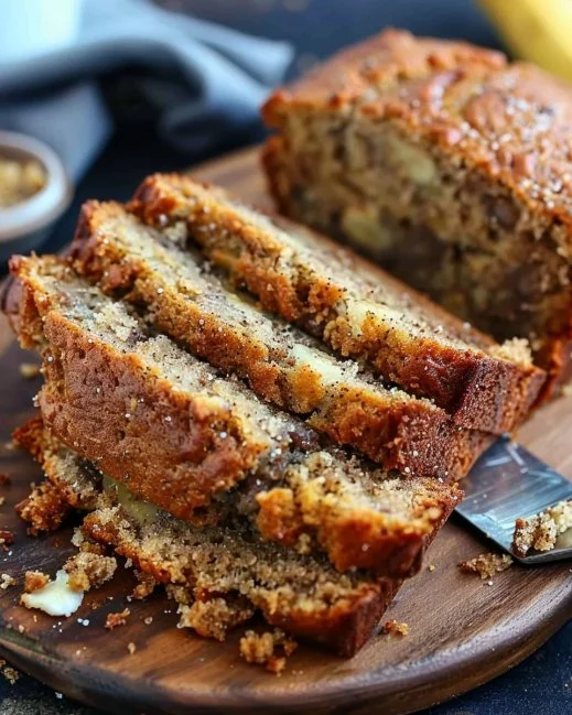 Slice of Starbucks copycat banana bread on a plate with a fork