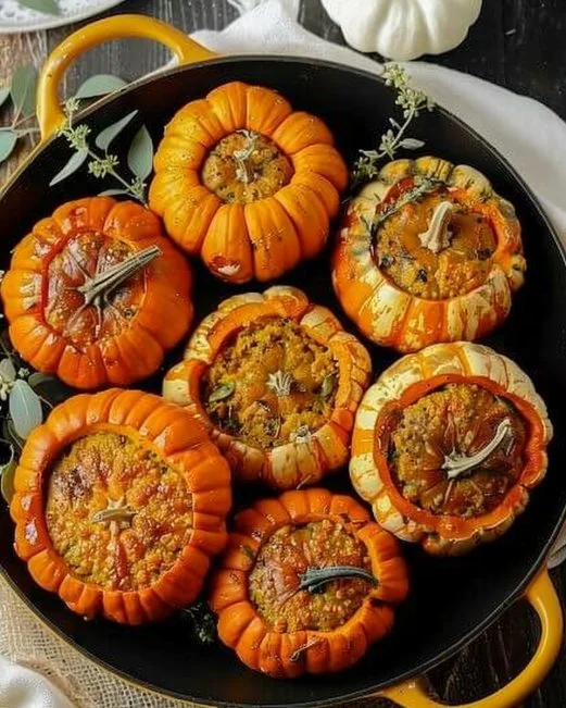 Delicious stuffed mini pumpkins ready for fall dining decoration