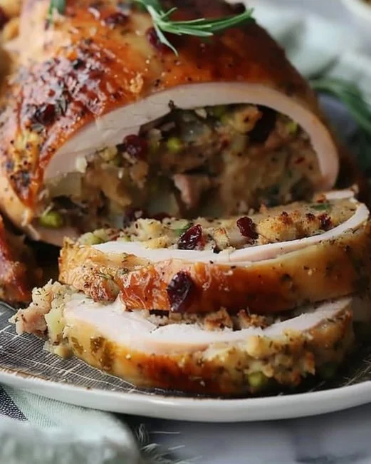 Stuffed Turkey Breast with Cranberry Stuffing 2 Stuffed turkey breast with cranberry stuffing on a serving platter