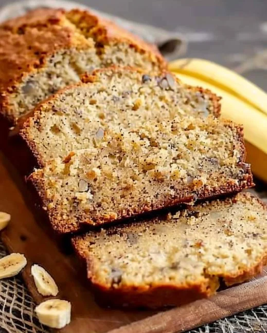 Loaf of ultimate moist banana bread with a slice cut out