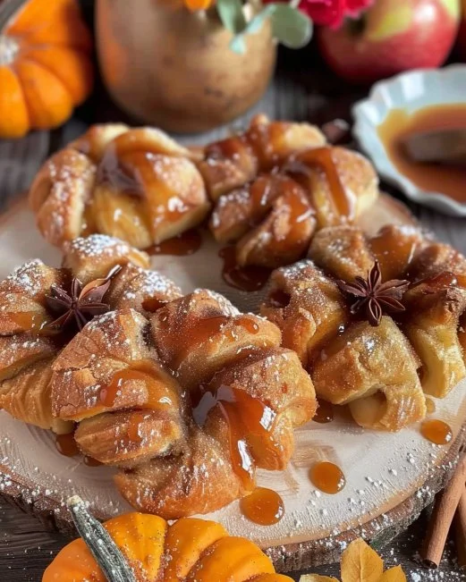Vegan caramel apple pastries topped with rich caramel and fresh apple slices.
