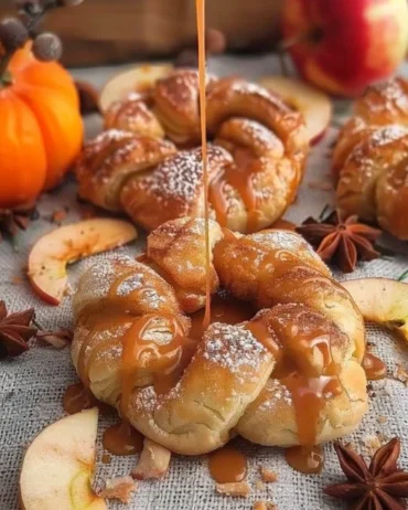 Vegan caramel apple pastries topped with drizzled caramel and cinnamon