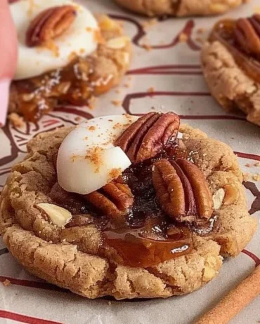 Vegan pecan pie cookies on a plate, showcasing their delicious texture and topping.