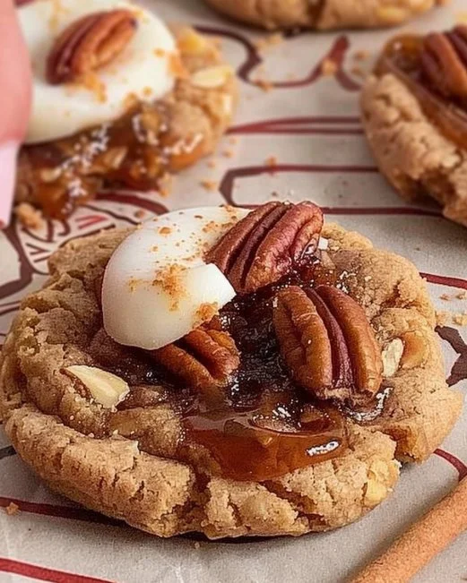 Vegan pecan pie cookies on a plate, showcasing their delicious texture and topping.