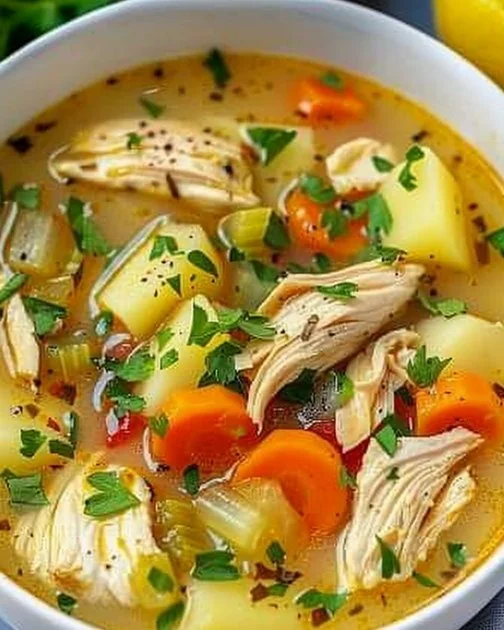 Bowl of homemade chicken soup with vegetables and herbs