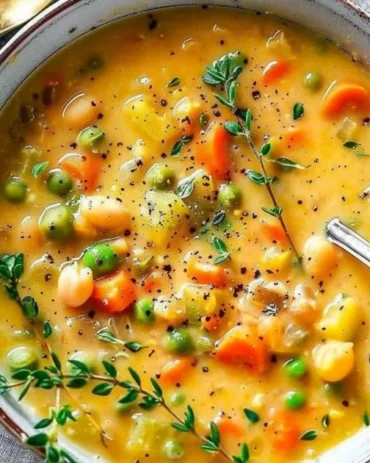 Bowl of creamy vegetable soup with fresh veggies and herbs