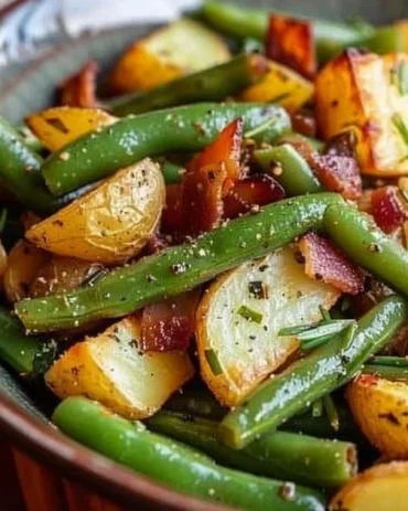 Delicious dish of country ranch green beans and potatoes served on a plate
