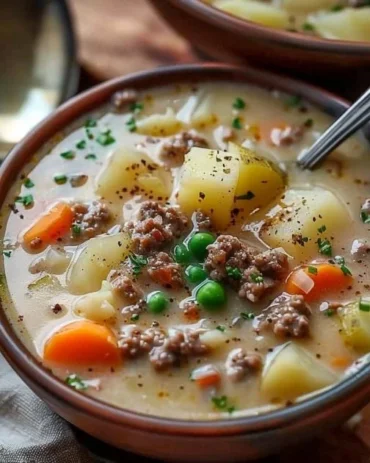 Bowl of creamy potato hamburger soup with herbs and toppings