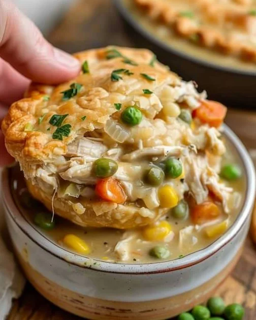 Crock Pot Chicken Pot Pie 2 Crock Pot Chicken Pot Pie served in a bowl with fresh herbs on top