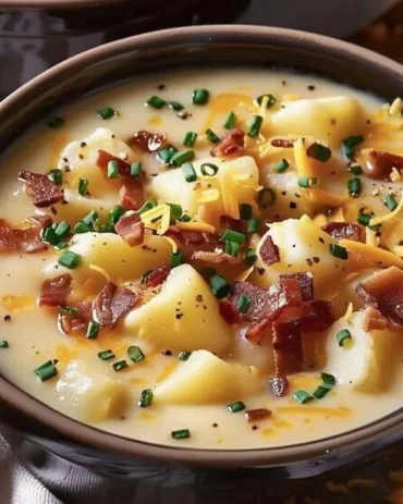 Bowl of hearty Crock Pot Crack Potato Soup topped with green onions and cheese