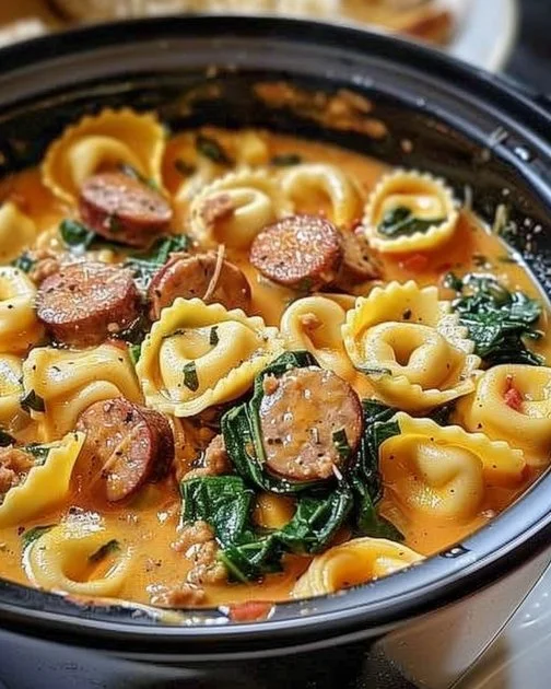 Crockpot Cheese Tortellini and Sausage 4 Crockpot Cheese Tortellini and Sausage dish ready to serve