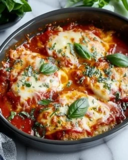 Crockpot Chicken Parmesan served with marinara sauce and melted cheese