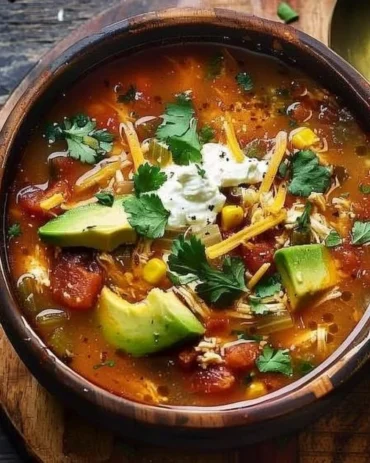 Bowl of Crockpot Chicken Tortilla Soup garnished with tortilla strips and cilantro