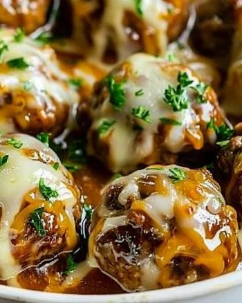 Crockpot French Onion Meatballs 2 Delicious Crockpot French Onion Meatballs served in a bowl
