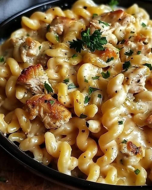 Crockpot Garlic Parmesan Chicken Pasta 2 Crockpot Garlic Parmesan Chicken Pasta served in a bowl with herbs