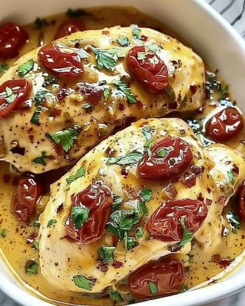 Delicious Dump and Go Crockpot Marry Me Chicken served with herbs.