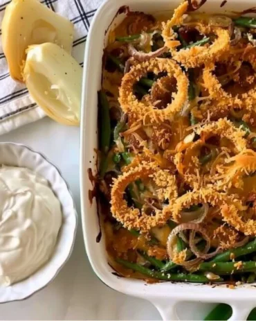 Delicious green bean casserole topped with crispy onions, perfect holiday side dish