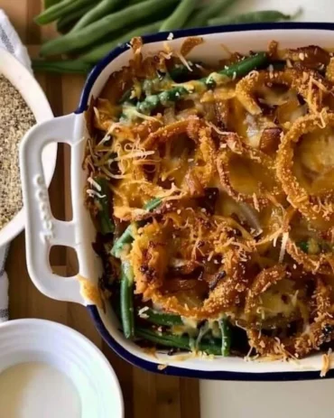 Delicious green bean casserole served in a rustic bowl