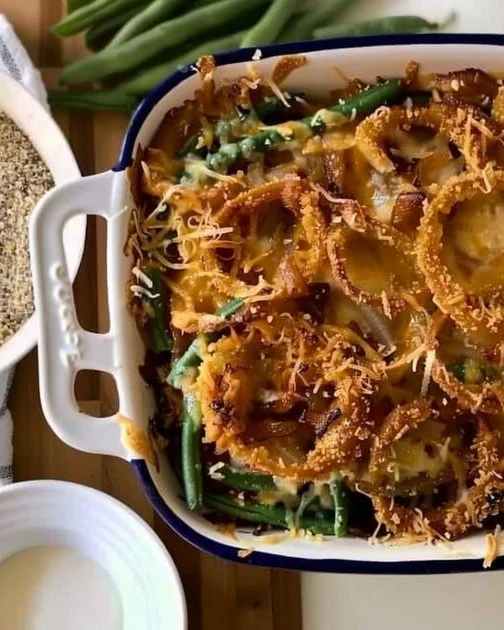 Delicious green bean casserole served in a rustic bowl