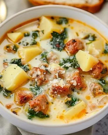 Bowl of Healthy Slow Cooker Tuscan Soup with vegetables and herbs