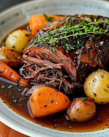 Deliciously prepared Hearty 5-Star Pot Roast with aromatic vegetables
