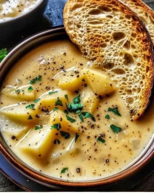 Hearty Cheddar Garlic Herb Potato Soup 2 Bowl of hearty cheddar garlic herb potato soup garnished with herbs and cheese