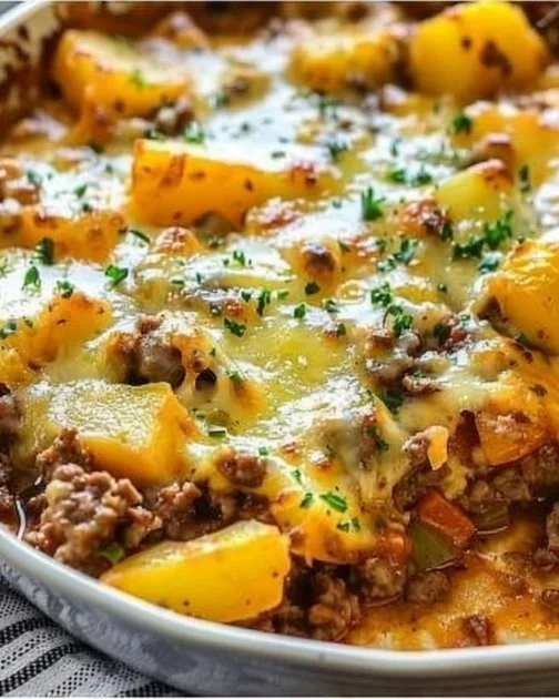Baked Hobo Casserole with vegetables and meat served in a casserole dish.