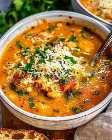 Bowl of Italian Penicillin Soup with fresh herbs and vegetables