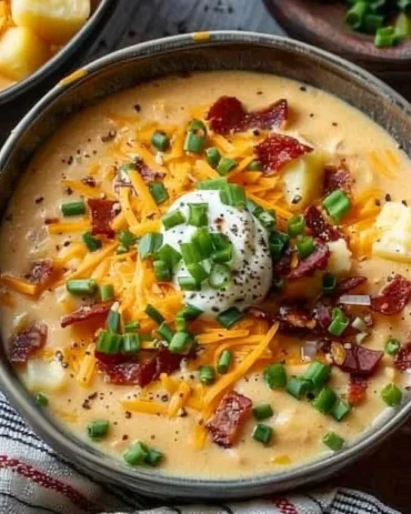 Delicious bowl of loaded baked potato soup topped with cheese, bacon, and chives.