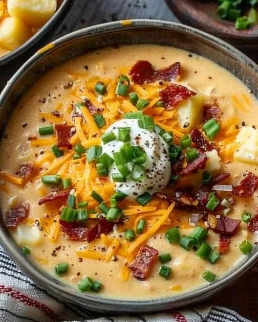 Loaded Baked Potato Soup 2 Delicious bowl of loaded baked potato soup topped with cheese, bacon, and chives.