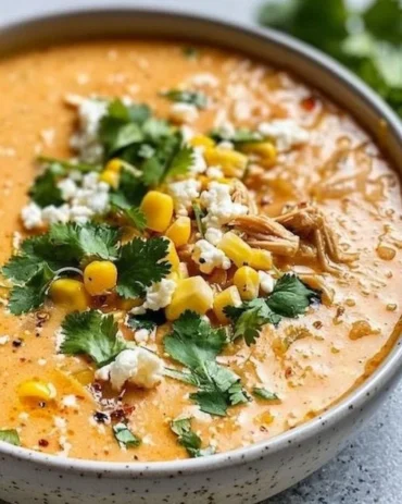 Bowl of hearty Mexican street corn soup topped with cilantro and lime