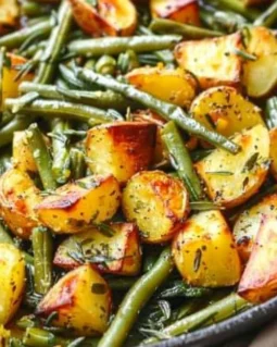 Oven-roasted potatoes and green beans served on a plate as a delicious side dish.