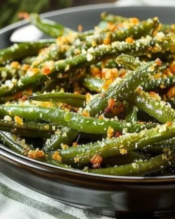 Oven-baked Parmesan roasted green beans garnished with herbs.
