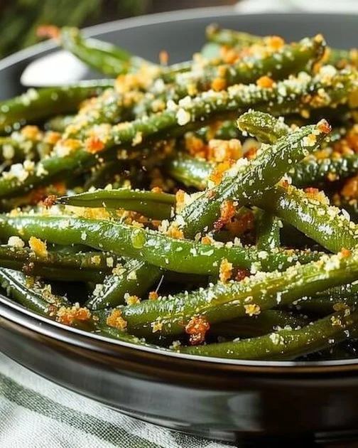 Oven-baked Parmesan roasted green beans garnished with herbs.