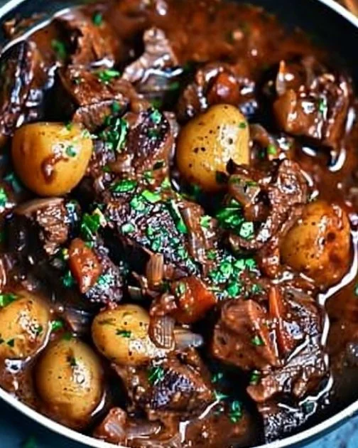 Delicious slow cooker beef bourguignon with vegetables and red wine