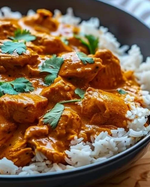 A bowl of slow cooker butter chicken garnished with fresh cilantro and served with rice.